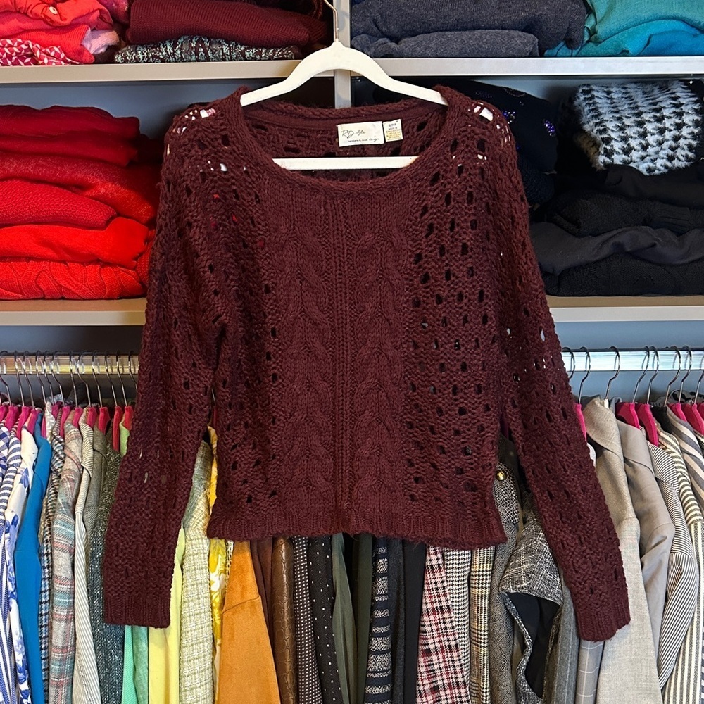 RD Style burgundy long sleeve open knit sweater size S